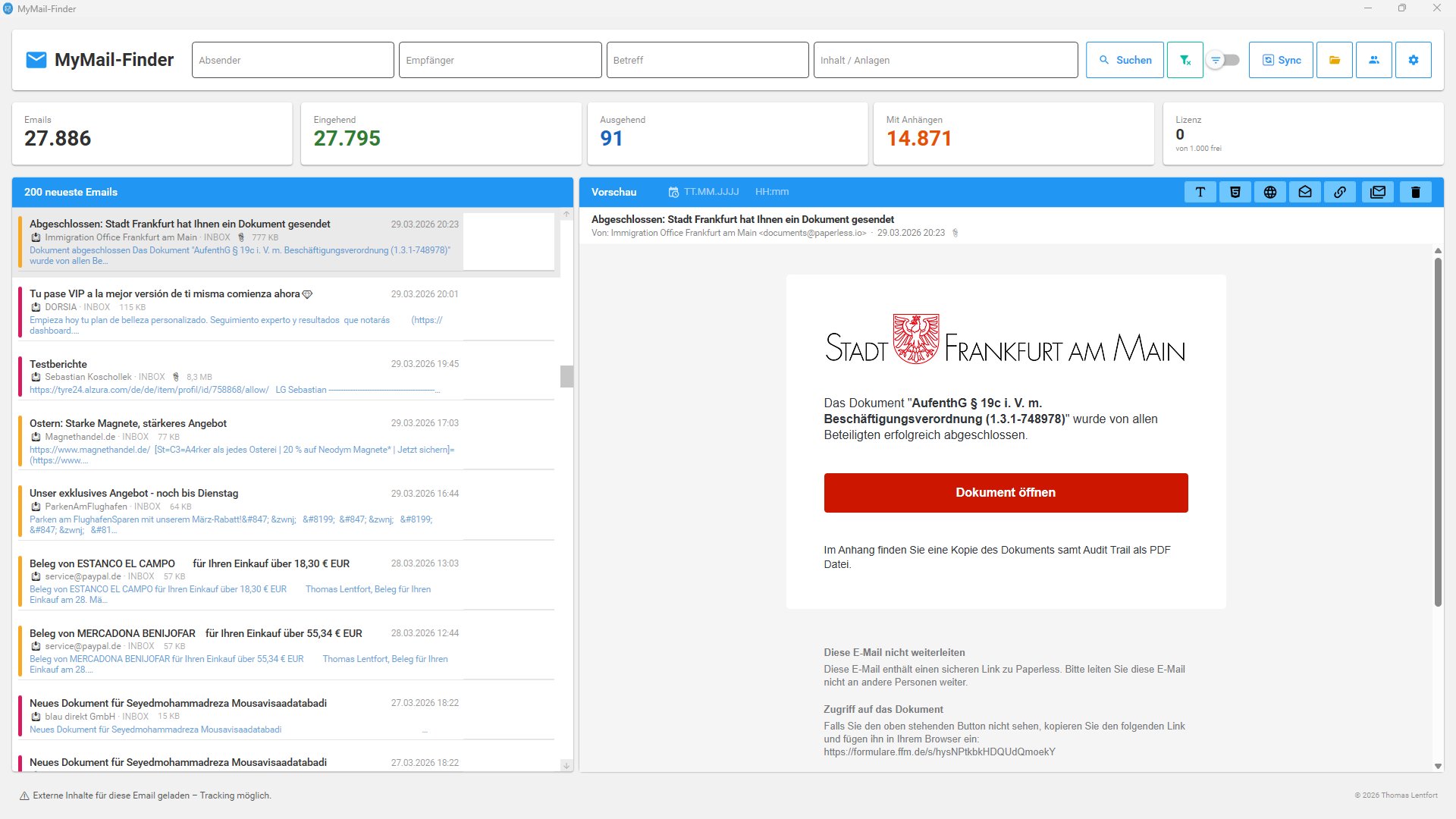 MyMailFinder – Anwendungsansicht